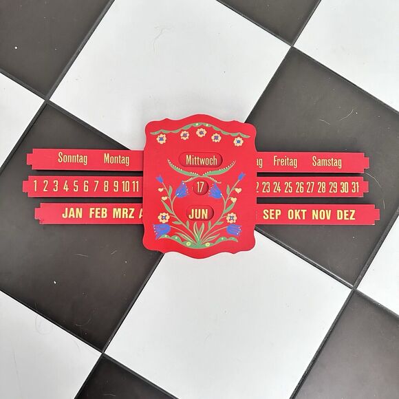 Vintage German Perpetual Sliding Wall Calendar WOOD Painted Red Kitschy - Picture 2 of 13